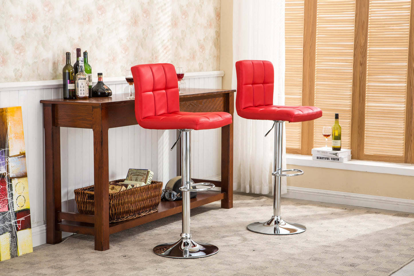 Swivel Faux Leather Adjustable Hydraulic Bar Stool - Set of 2 Red