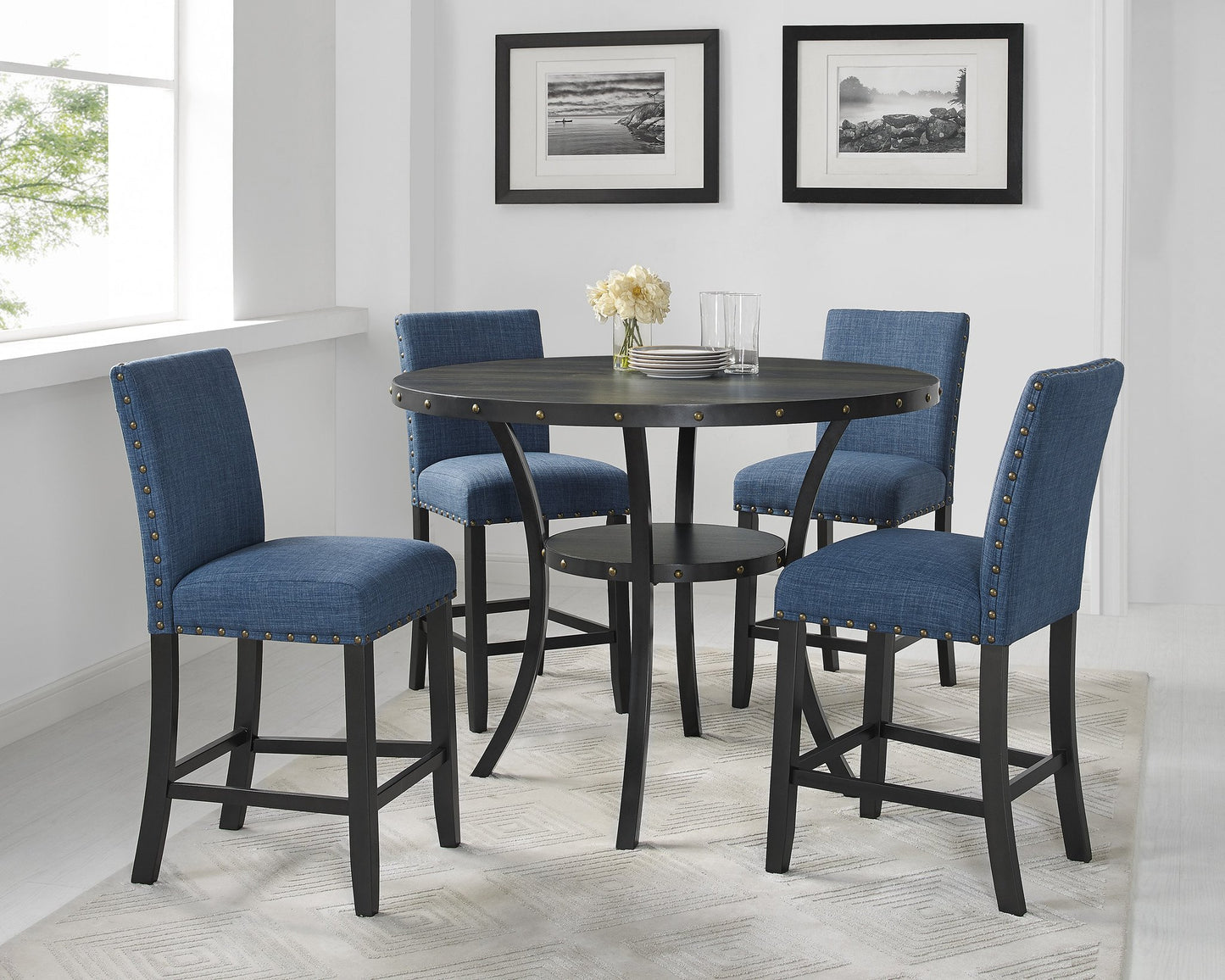 Biony Blue Fabric Counter Height Stools with Nailhead Trim, Set of 2