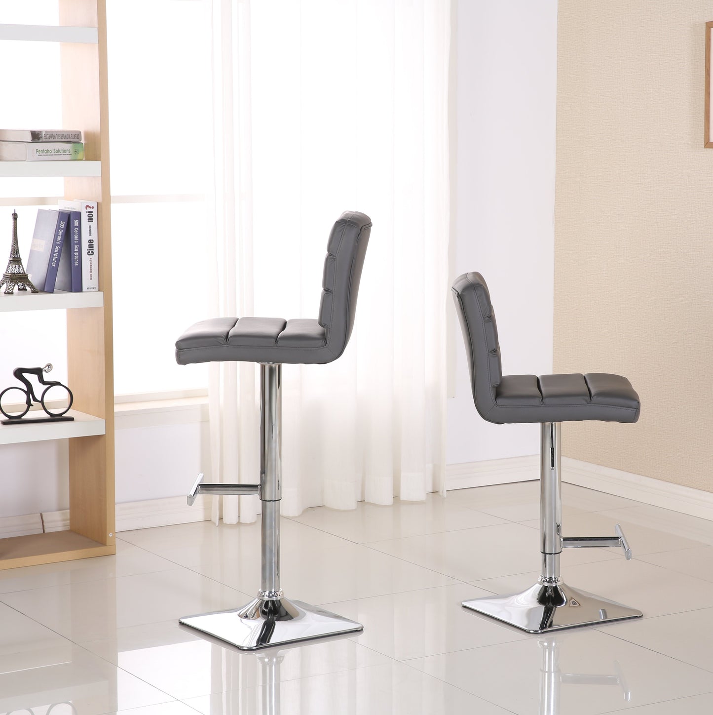Bradford Grey Faux Leather Swivel Height Adjustable Bar Stools with Square Chrome Base, Set of 2