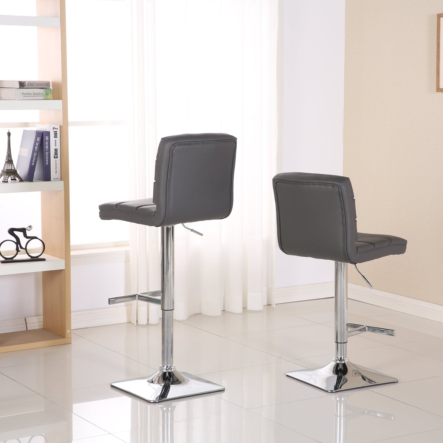 Bradford Grey Faux Leather Swivel Height Adjustable Bar Stools with Square Chrome Base, Set of 2