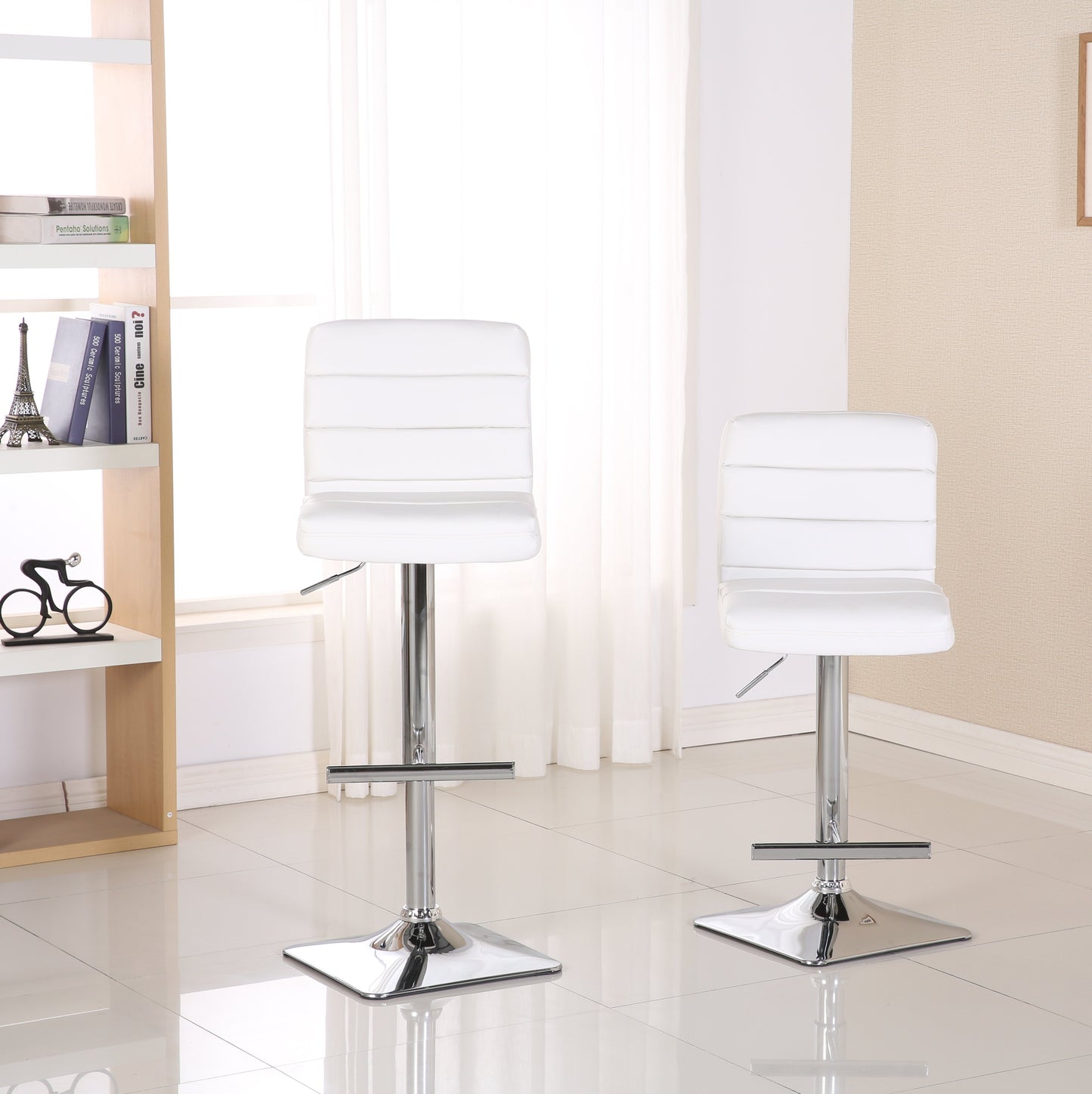 Bradford White Faux Leather Swivel Height Adjustable Bar Stools with Square Chrome Base, Set of 2