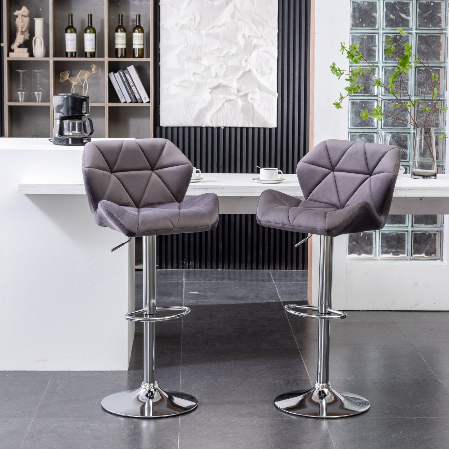 Breni Velvet Diamond Tufted Swivel Adjustable Height Barstool, Set of 2, Gray