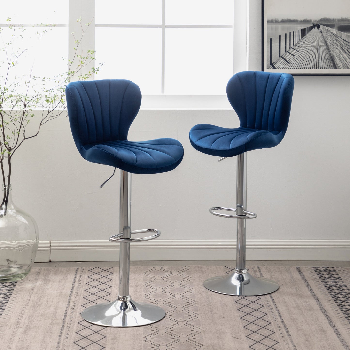 Ellston Upholstered Adjustable Swivel Barstools in Blue, Set of 2