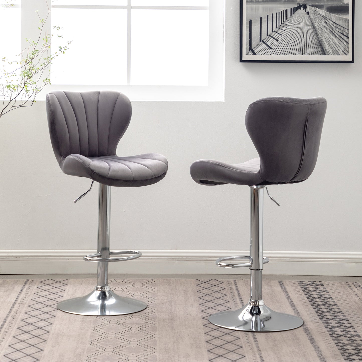 Ellston Upholstered Adjustable Swivel Barstools in Gray, Set of 2