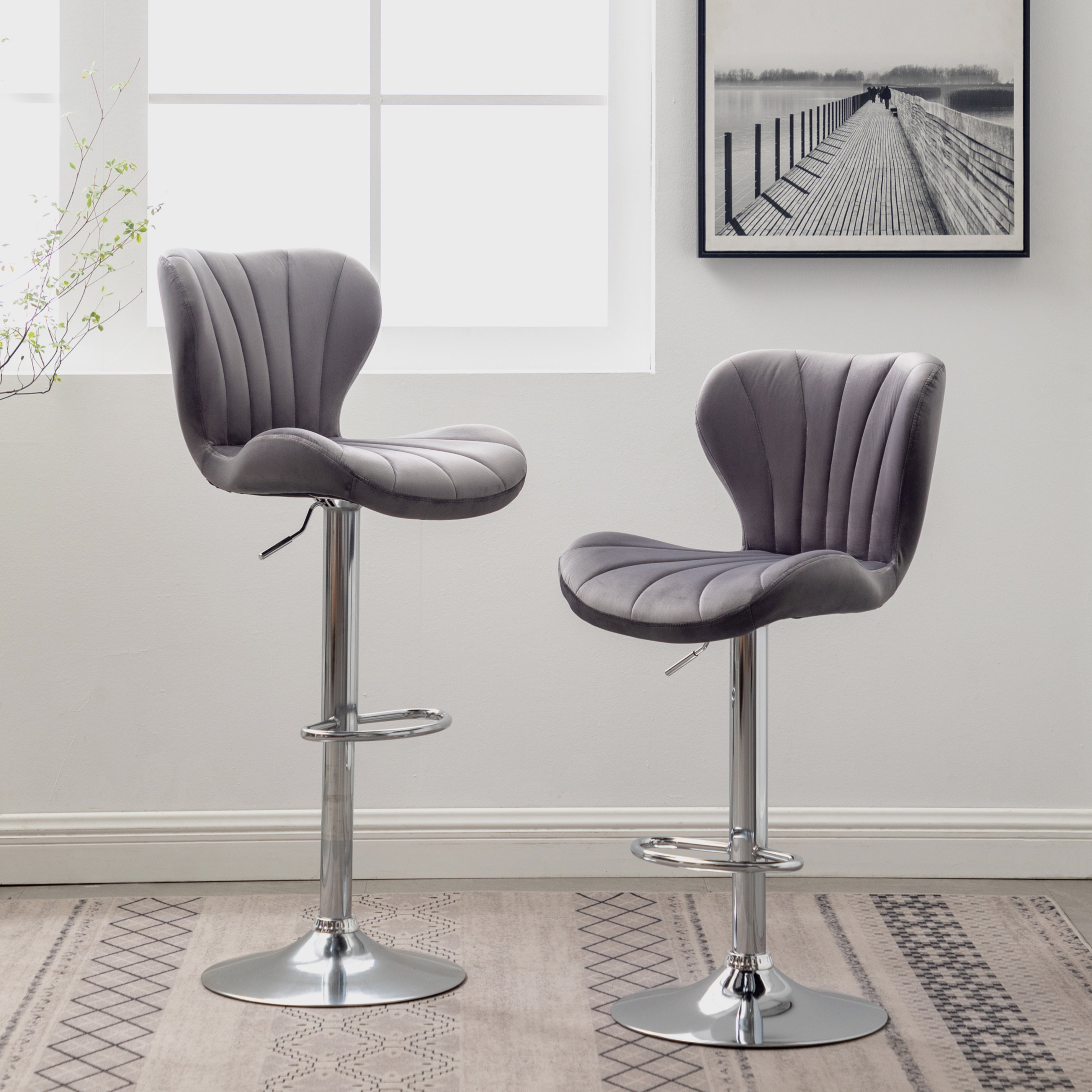 Barstools　Roundhill　Furniture　Swivel　of　in　Ellston　Upholstered　Set　Adjustable　Gray，　2並行輸入-