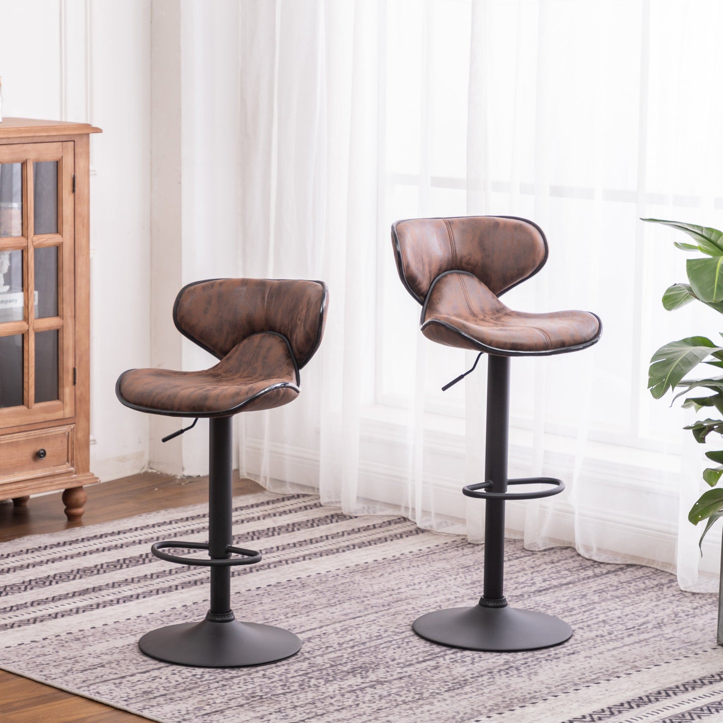 Masaccio Weathered Upholstery Airlift Adjustable Swivel Barstool with Chrome Base, Set of 2, Brown