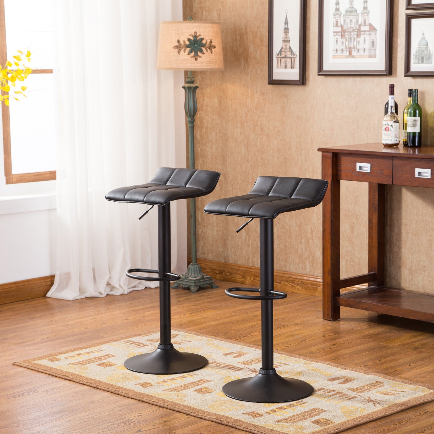 Belham Swivel Black Bonded Leather Adjustable Bar Stool, Set of 2