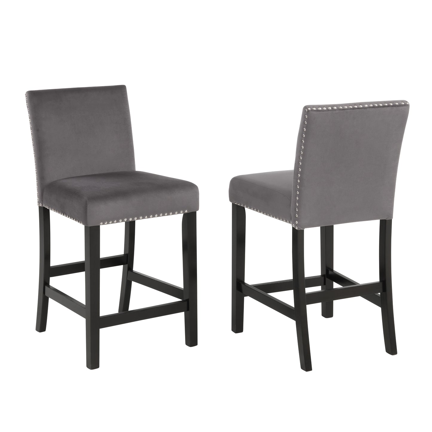 Cobre Contemporary Velvet Counter Stool with Nailhead Trim, Set of 2, Gray