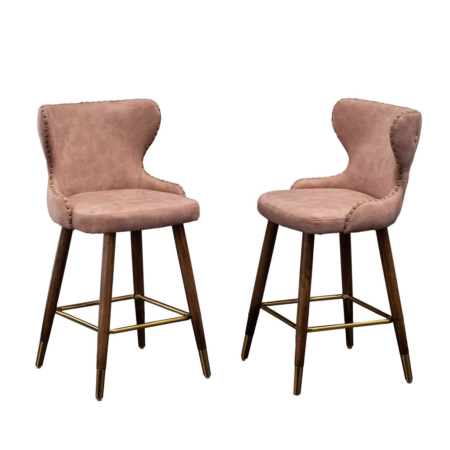 Nevis Mid-century Modern Faux Leather Tufted Nailhead Trim Counter Stools, Set of 2