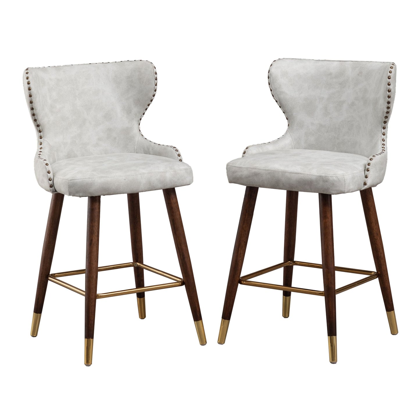 Nevis Mid-century Modern Faux Leather Tufted Nailhead Trim Counter Stools, Set of 2