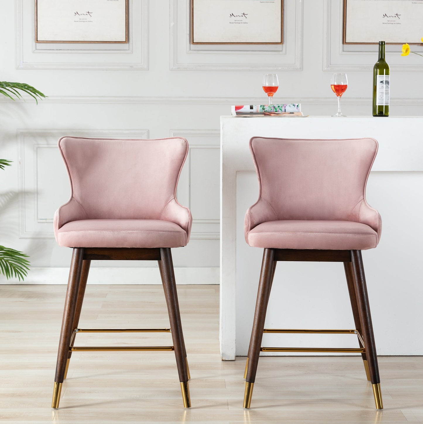 Leland Fabric Upholstered Counter Height Wingback Stools, Set of 2, Pink
