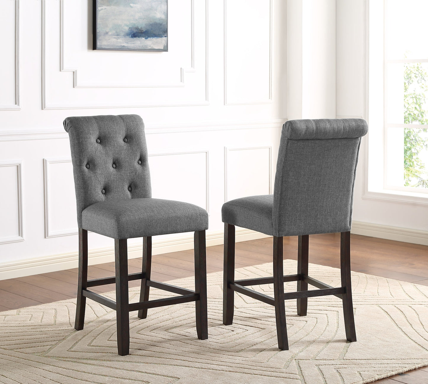 Leviton Solid Wood Tufted Asons Counter Height Stool, Set of 2, Grey