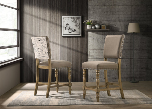 Birmingham Script Printed Driftwood Finish Counter Height Dining Chair with Nail head, Set of 2