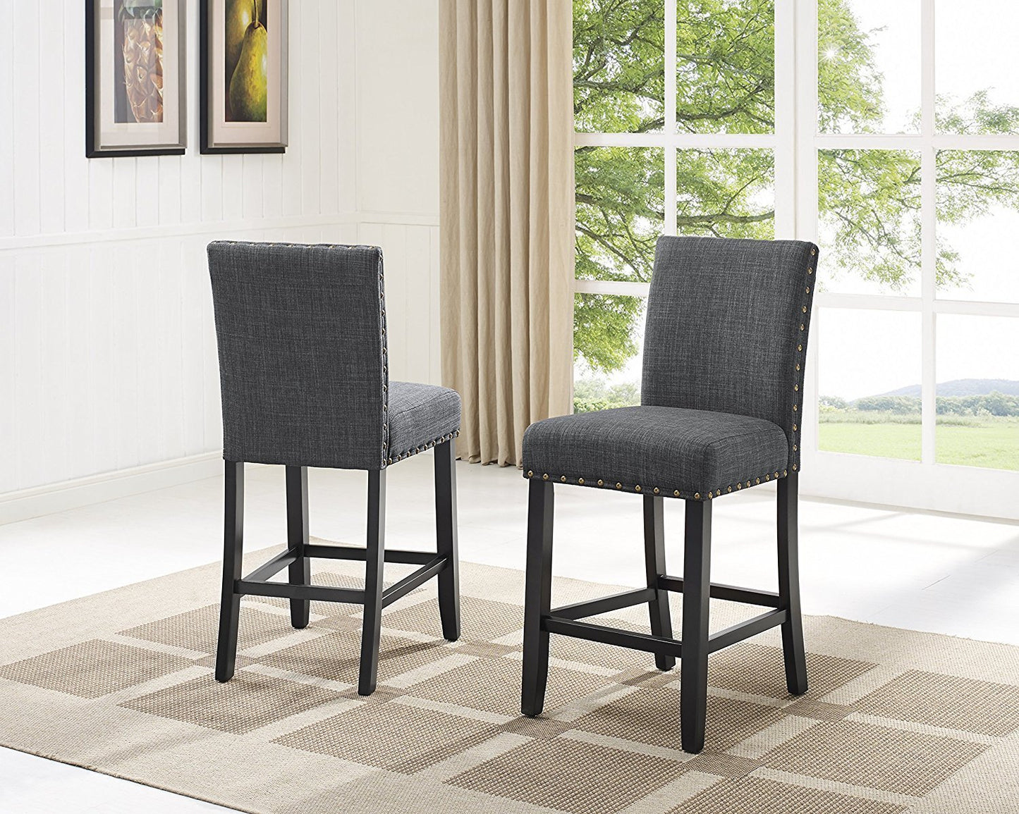 Biony Counter Height 6-Piece Espresso Wood Dining Set with Grey Fabric Nailhead Chairs and Pub Bench
