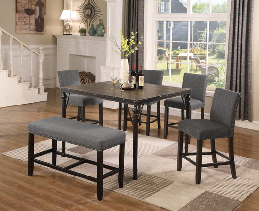 Biony Counter Height 6-Piece Espresso Wood Dining Set with Grey Fabric Nailhead Chairs and Pub Bench