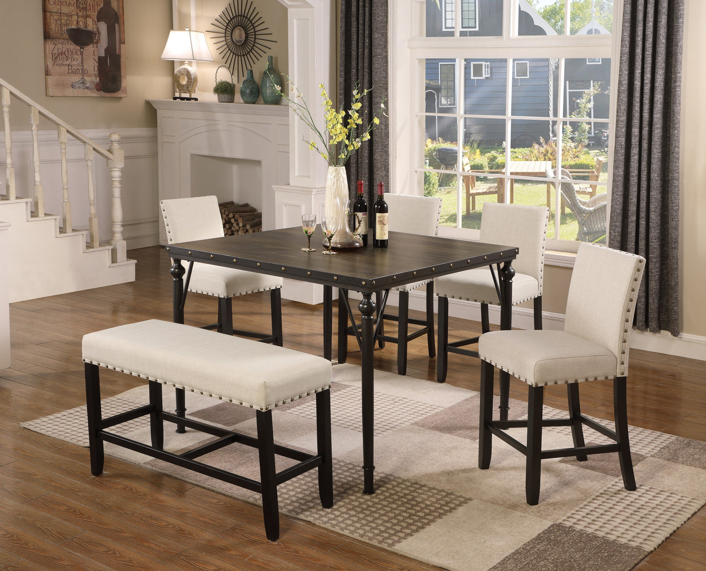 Biony Counter Height 6-Piece Espresso Wood Dining Set with Tan Fabric Nailhead Chairs and Pub Bench