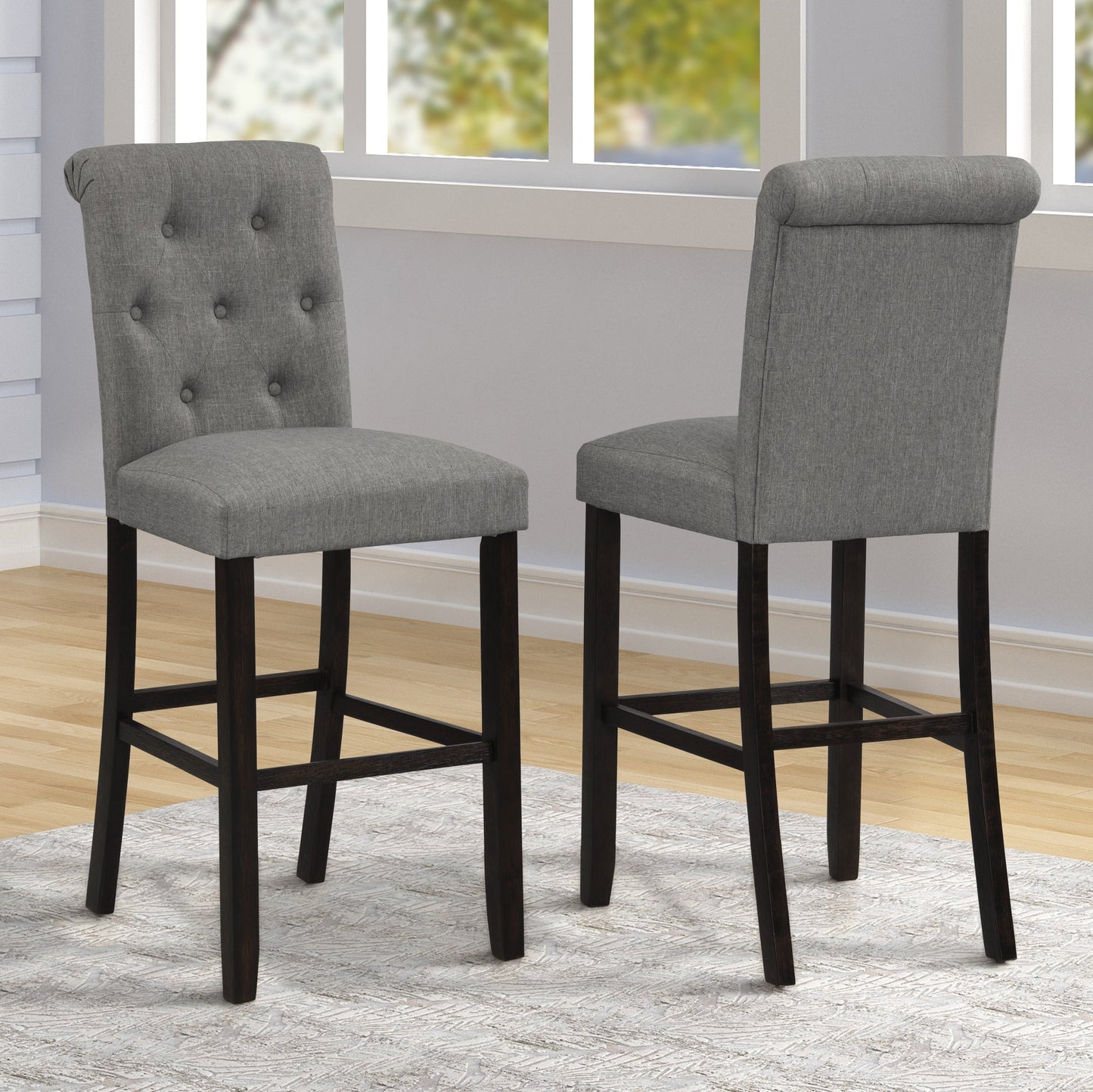 Leviton Antique Black Finished Wood 5-Piece Pub Set, Table with 4 Upholstered Barstools, Gray