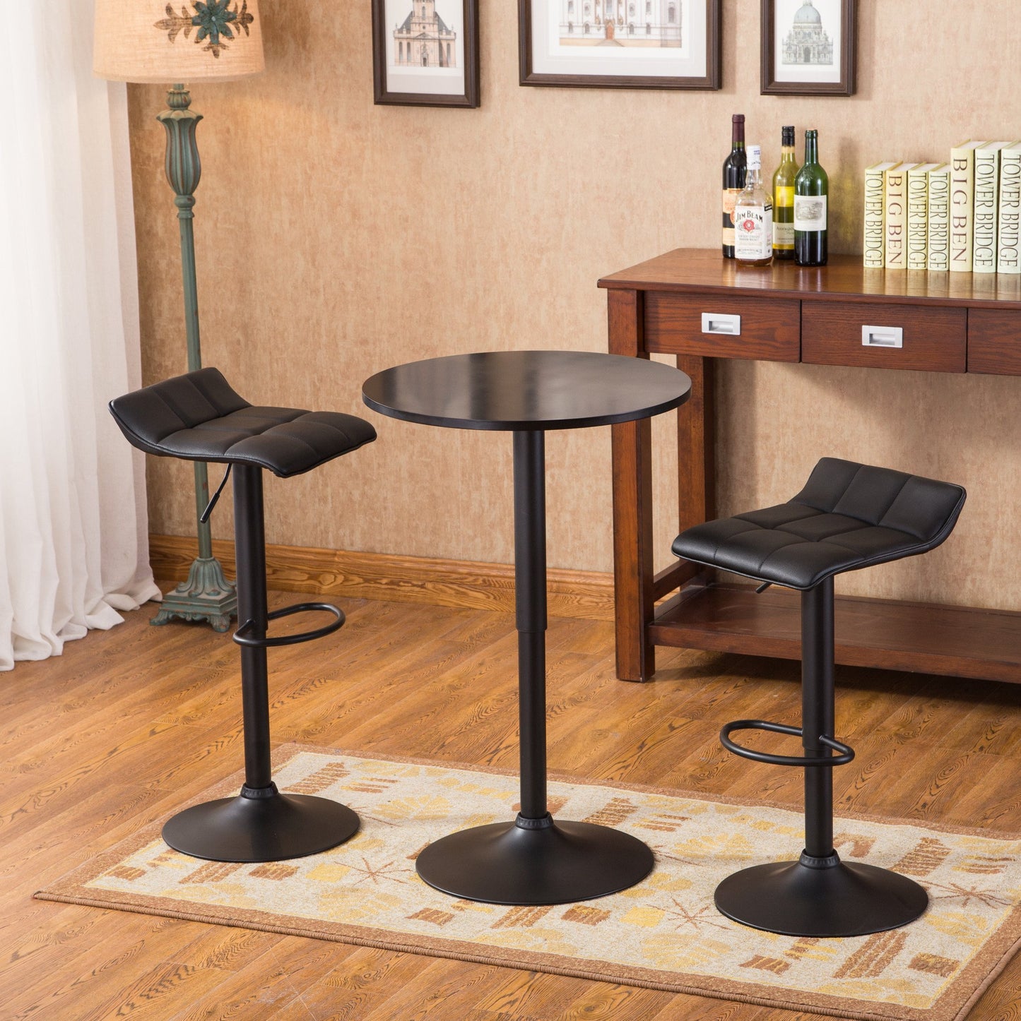 Belham Black Round Top Adjustable Height Bar Table and 2 Swivel Black Bonded Leather Adjustable Bar Stool Bar Sets