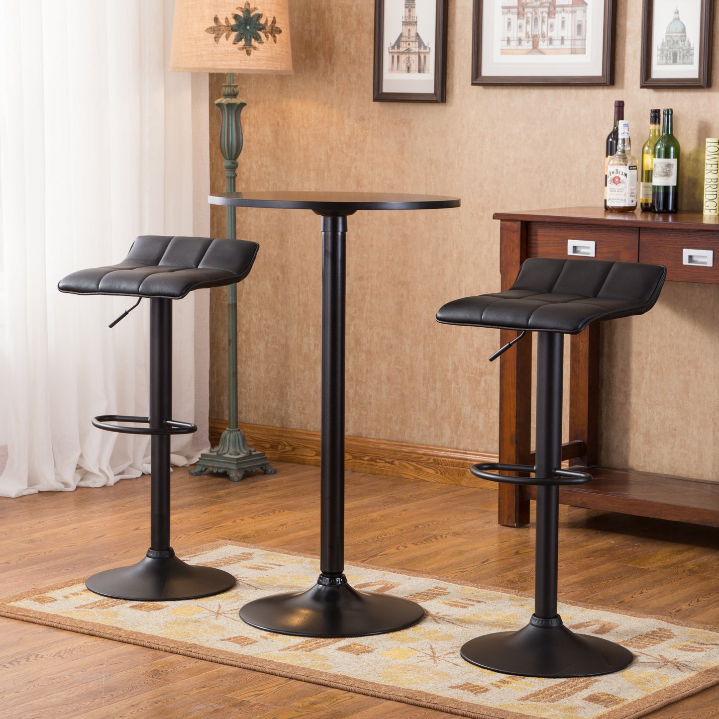 Belham Black Round Top with Black Leg And Base Metal Bar Table and 2 Swivel Black Bonded Leather Adjustable Bar Stool Bar Sets