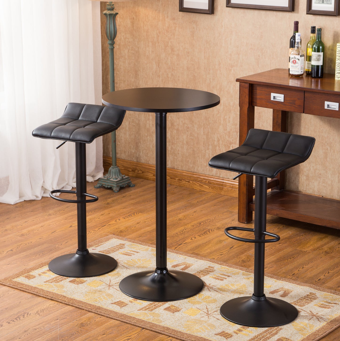 Belham Black Round Top with Black Leg And Base Metal Bar Table and 2 Swivel Black Bonded Leather Adjustable Bar Stool Bar Sets