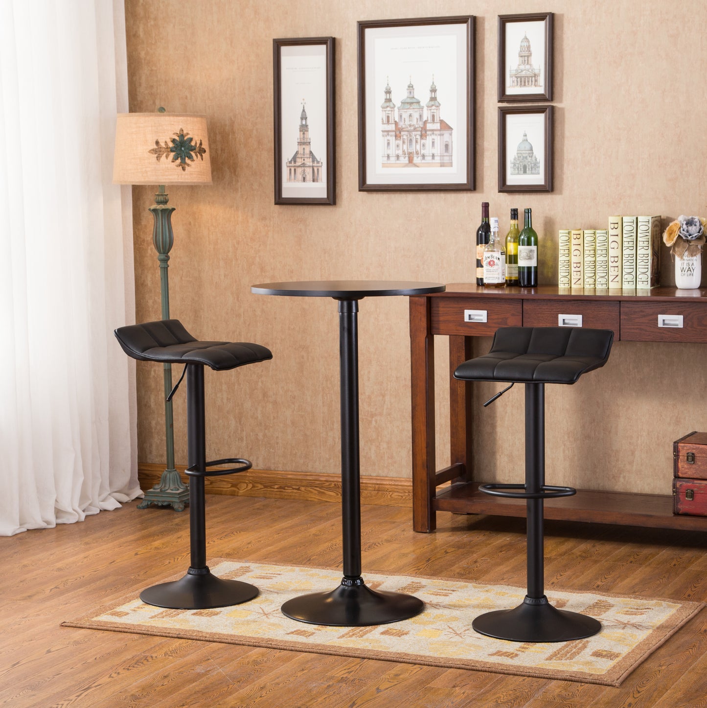 Belham Black Round Top with Black Leg And Base Metal Bar Table and 2 Swivel Black Bonded Leather Adjustable Bar Stool Bar Sets