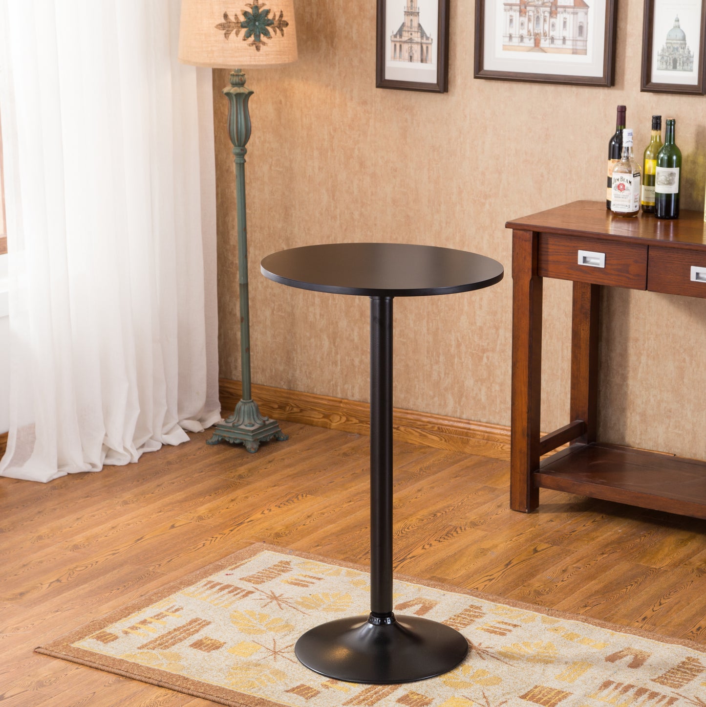 Belham Black Round Top with Black Leg And Base Metal Bar Table and 2 Swivel Black Bonded Leather Adjustable Bar Stool Bar Sets