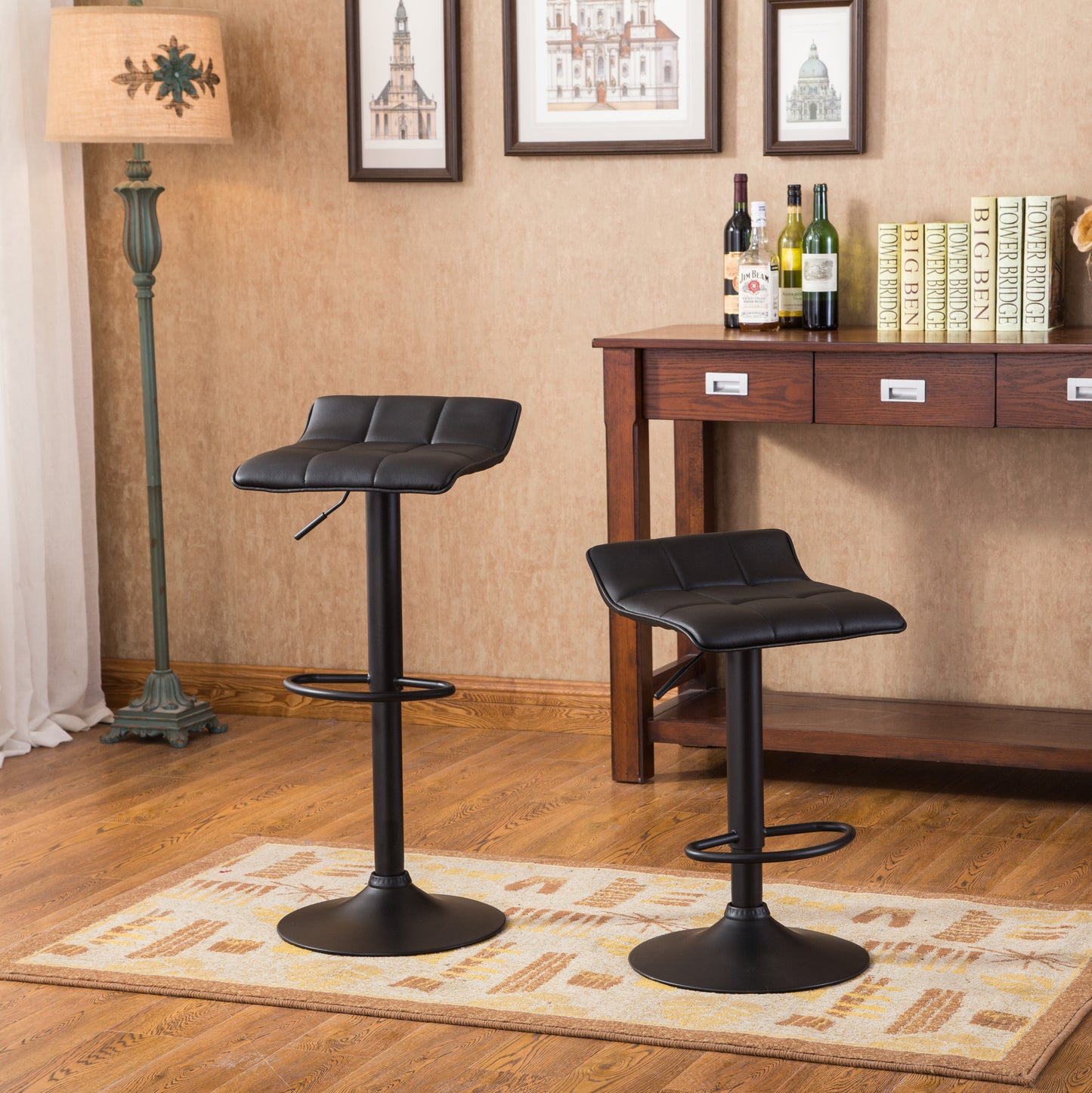 Belham Black Round Top with Black Leg And Base Metal Bar Table and 2 Swivel Black Bonded Leather Adjustable Bar Stool Bar Sets