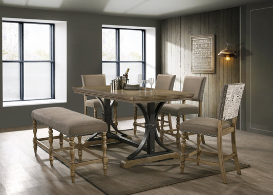 Birmingham 6-piece Counter Height Dining Set, Driftwood Finish Trestle Table with 4 Chairs and Bench