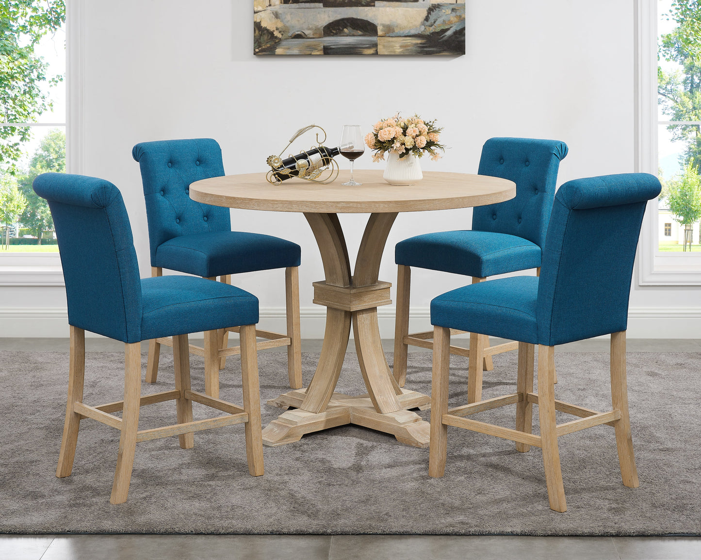 Siena White-washed Finished 5-Piece Counter Height Dining set, Pedestal Round Table with Blue Chairs