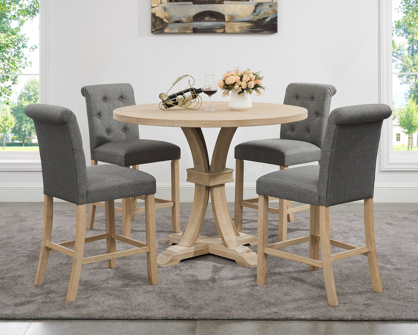 Siena White-washed Finished 5-Piece Counter Height Dining set, Pedestal Round Table with Gray Chairs