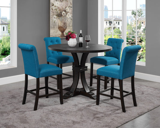 Siena Distressed Black Finish 5-Piece Counter Height Dining set, Pedestal Round Table with Blue Chairs