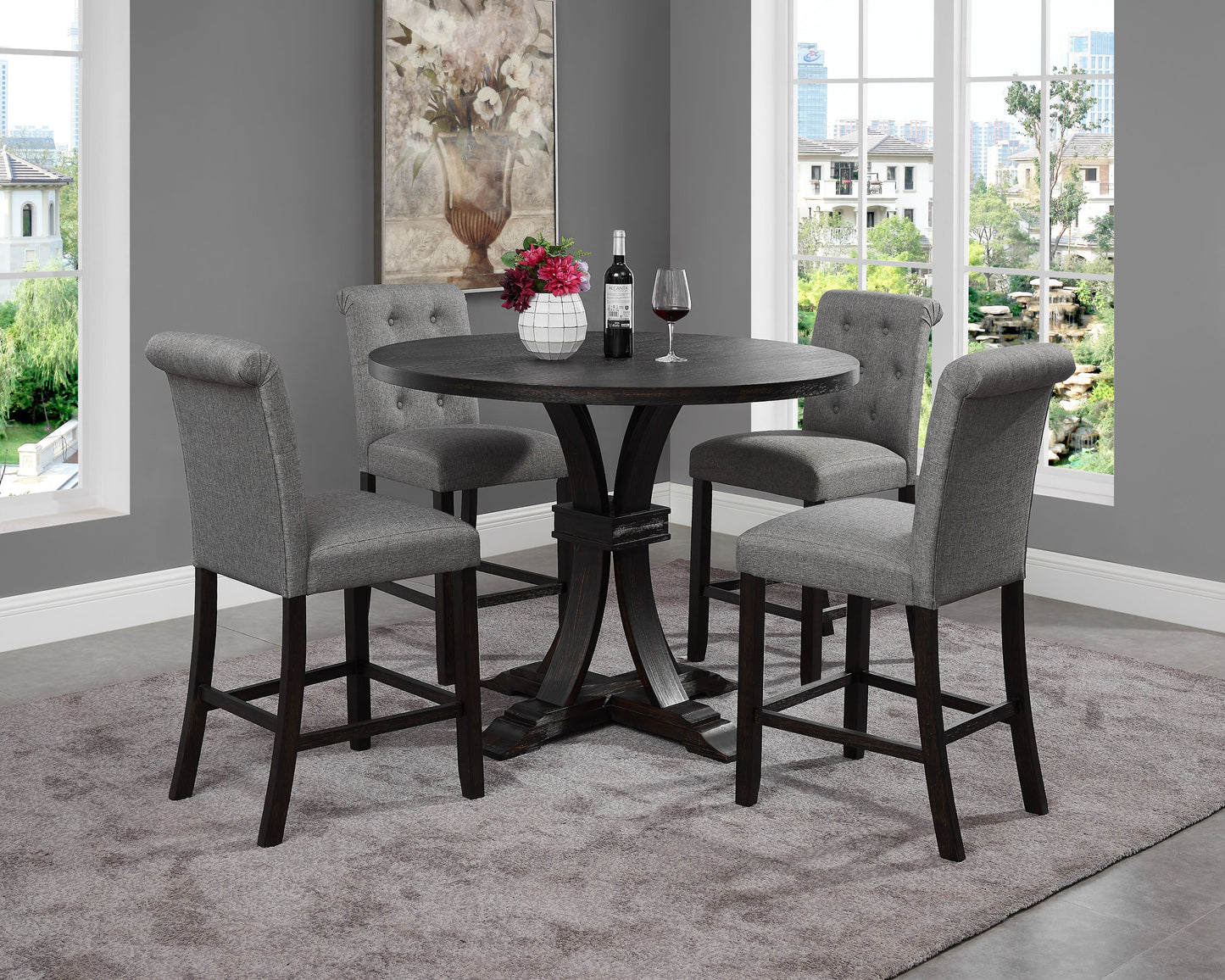 Siena Distressed Black Finish 5-Piece Counter Height Dining set, Pedestal Round Table with Gray Chairs