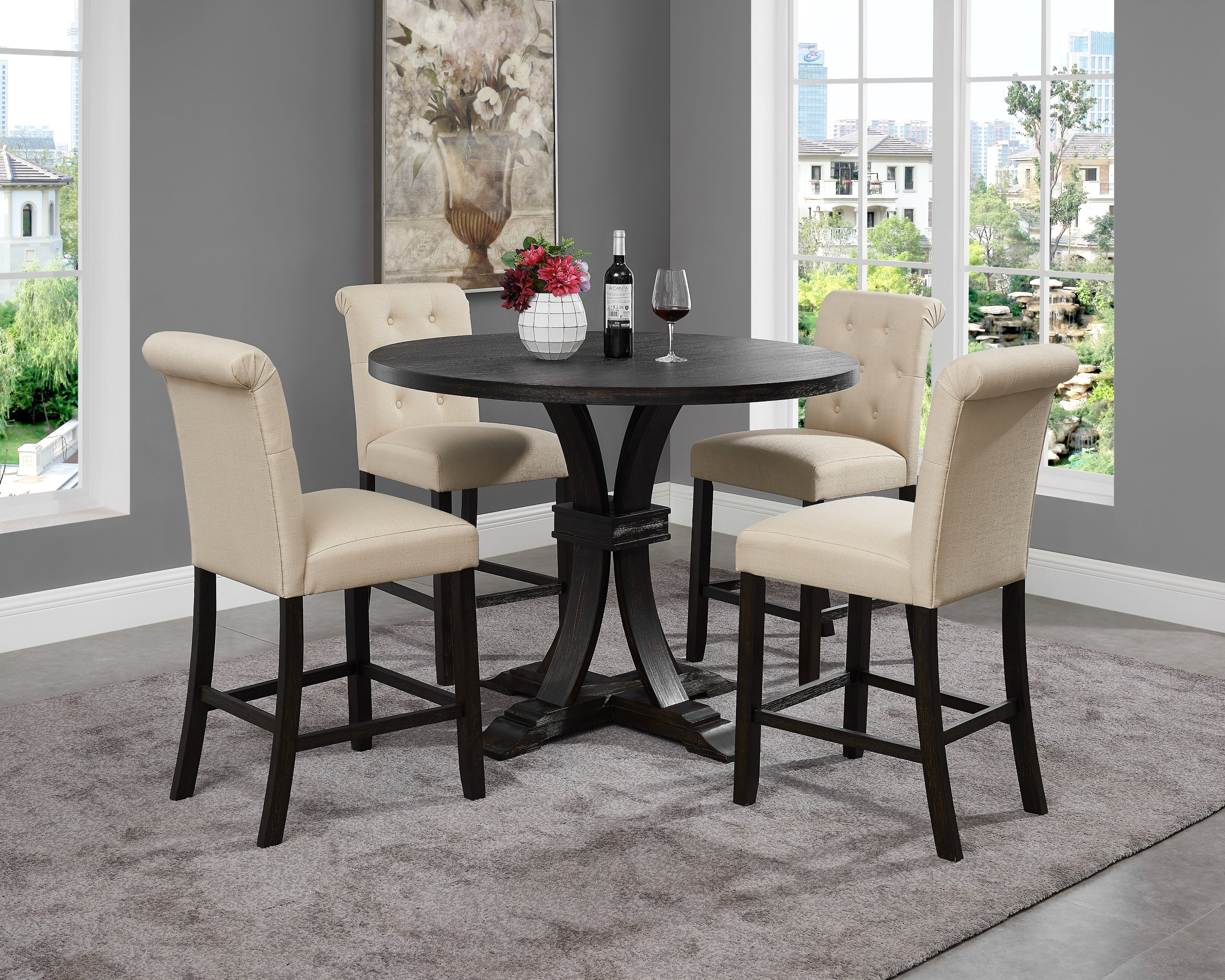 Black round counter height shop dining set