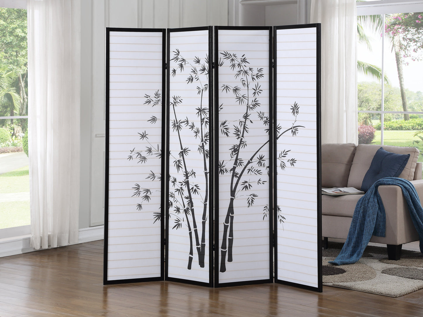 Bamboo Print 4-Panel Black Framed Room Screen/Divider