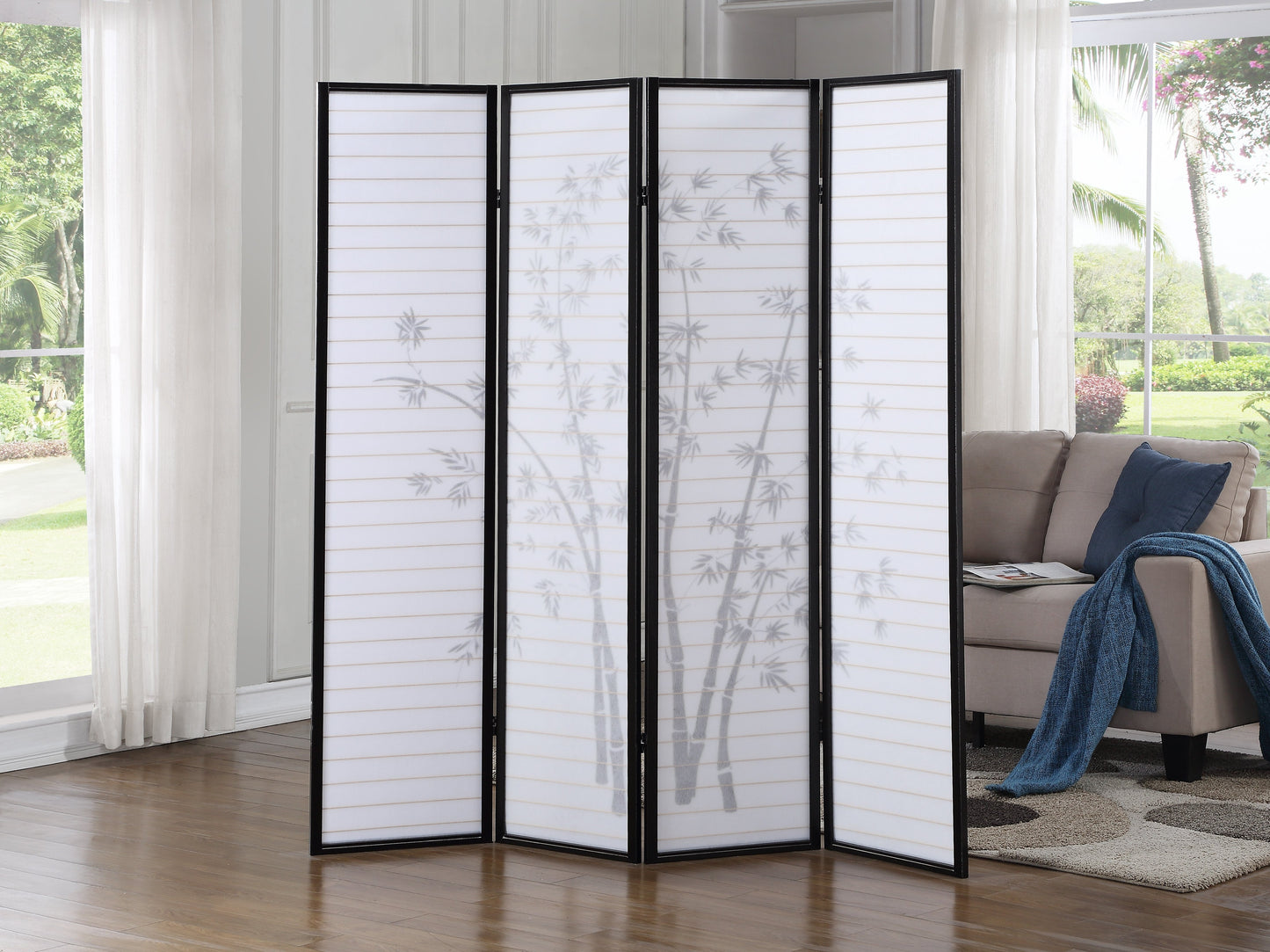 Bamboo Print 4-Panel Black Framed Room Screen/Divider