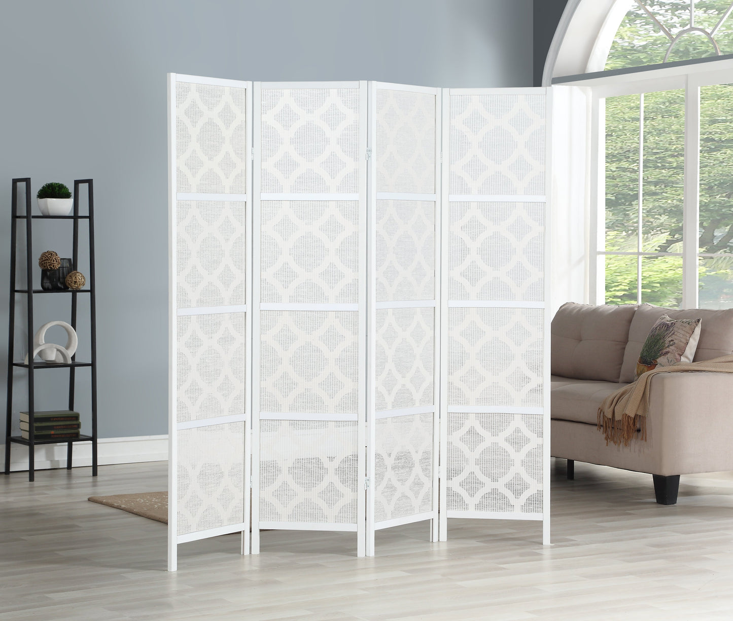 Quarterfoil infused Diamond Design 4-Panel Room Divider, White