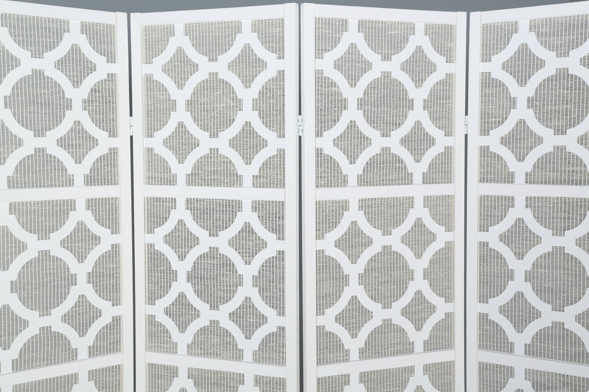 White Ruffle Divider Quarterfoil infused Diamond Design 4-Panel Room Divider, White ...
