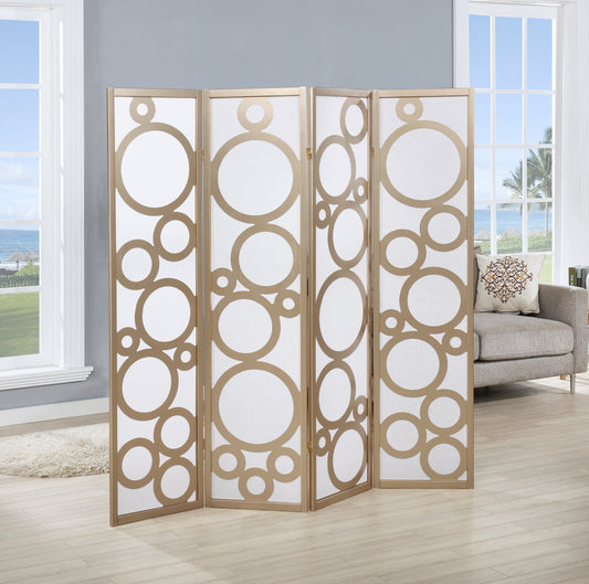 Arvada 4-Panel Wood Room Divider with Circle Pattern, Gold