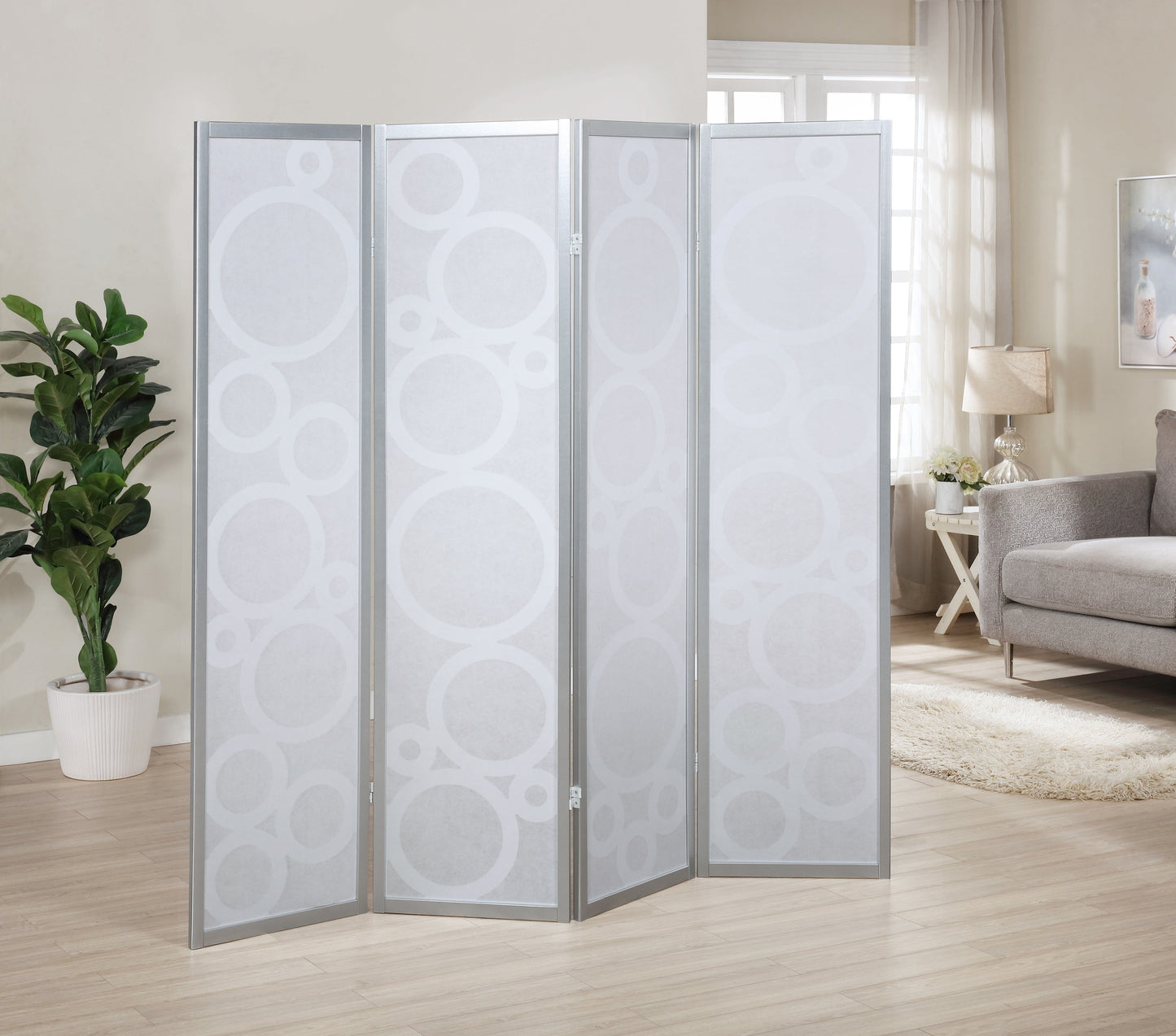 Arvada 4-Panel Wood Room Divider with Circle Pattern, Silver