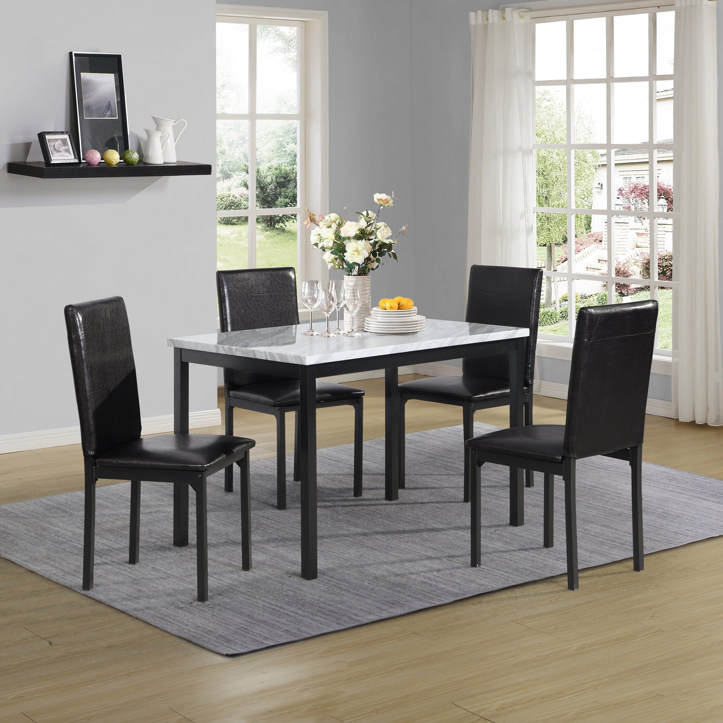 Citico 5-Piece Metal Dinette Set with Laminated Off-white Faux Marble Top, 4 Black Chairs