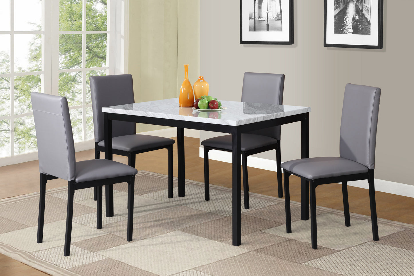 Citico 5-Piece Metal Dinette Set with Laminated Off-white Faux Marble Top, 4 Gray Chairs