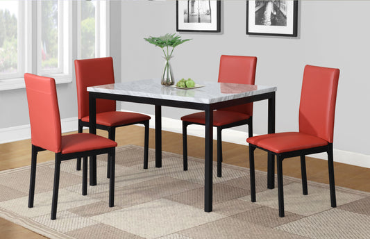 Citico 5-Piece Metal Dinette Set with Laminated Off-white Faux Marble Top, 4 Red Chairs