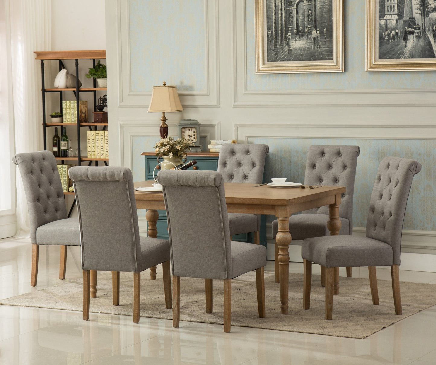 Habitanian Solid Wood Dining Table with 6 tufted Chairs, Gray