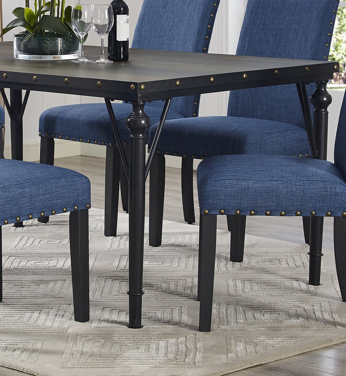 Roundhill biony espresso wood dining set with tan fabric nailhead outlet chairs