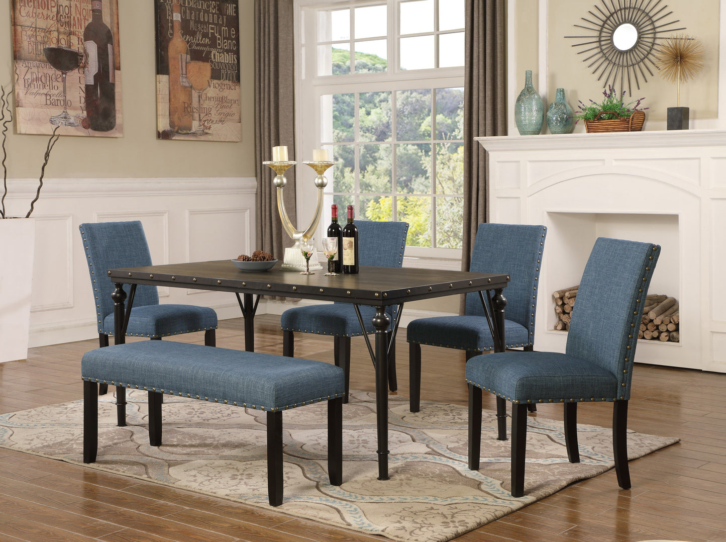 Biony 6-Piece Espresso Wood Dining Set with Blue Fabric Nailhead Chairs and Dinning Bench