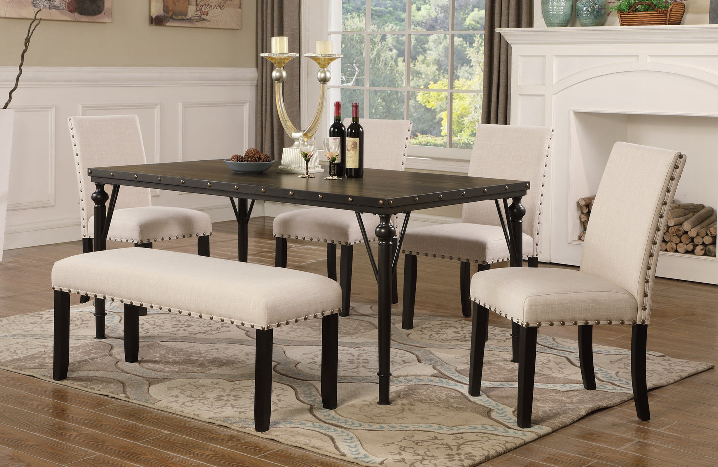 Biony 6-Piece Espresso Wood Dining Set with Tan Fabric Nailhead Chairs and Dinning Bench