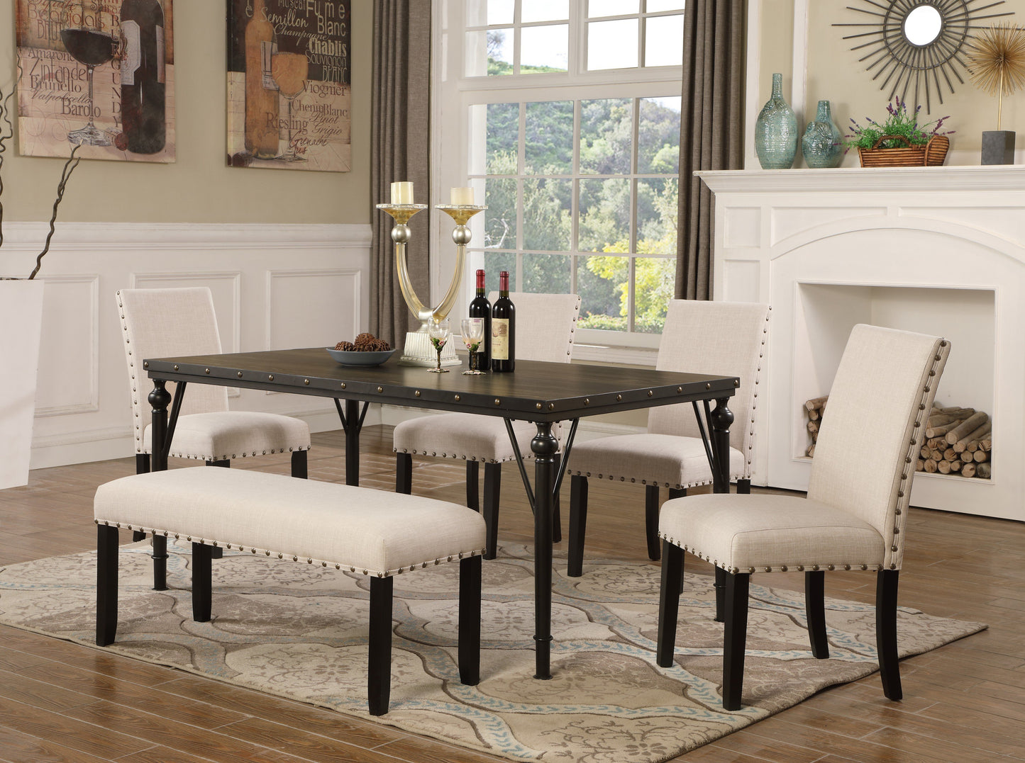 Biony 6-Piece Espresso Wood Dining Set with Tan Fabric Nailhead Chairs and Dinning Bench