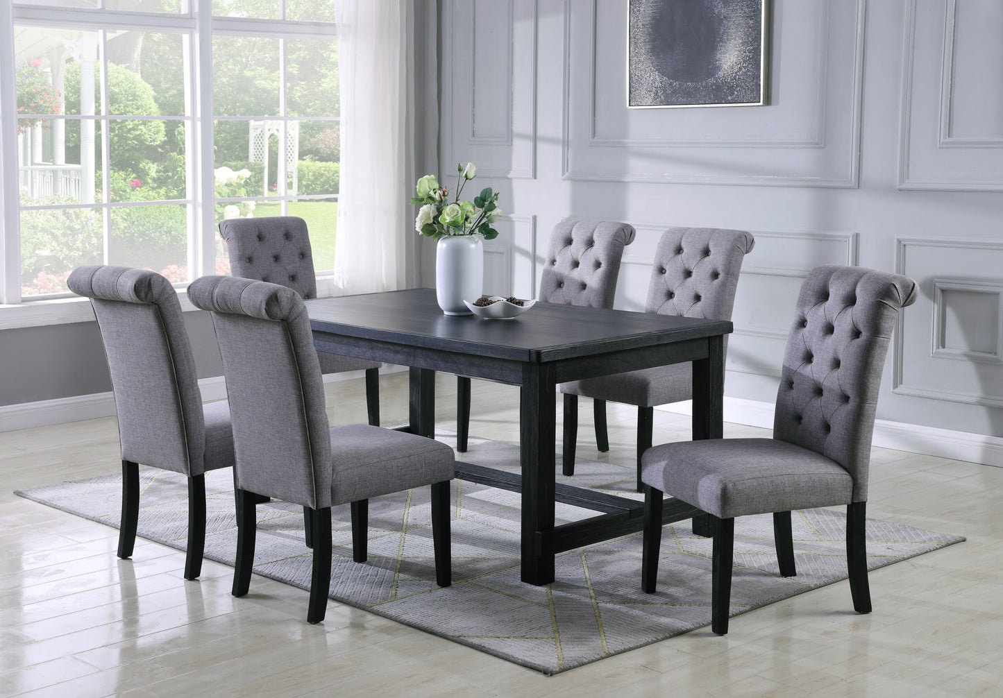 Leviton Antique Black Finished Wood Dining Set, Table with Six Chair, Gray
