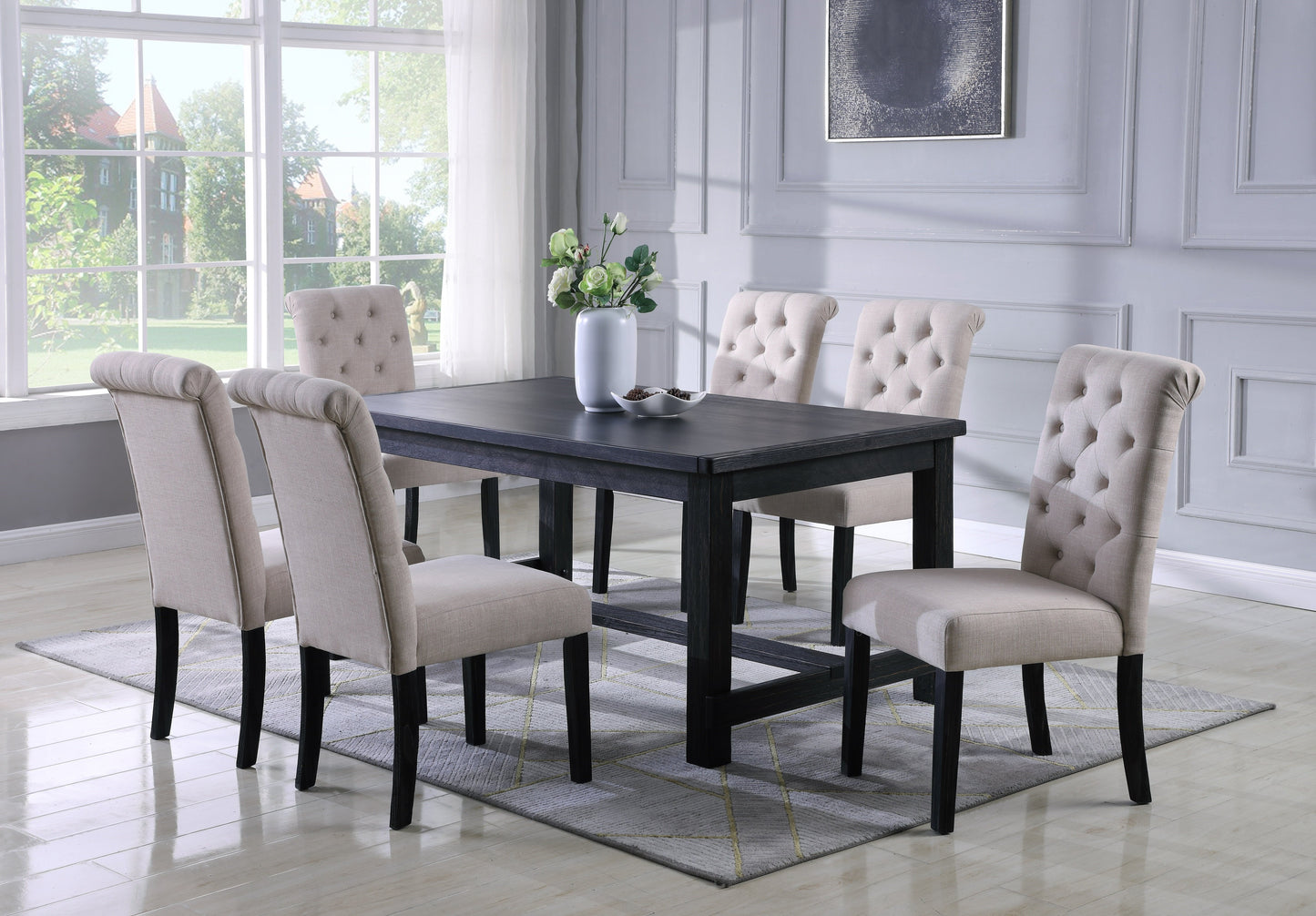 Leviton Antique Black Finished Wood Dining Set, Table with Six Chair, Tan
