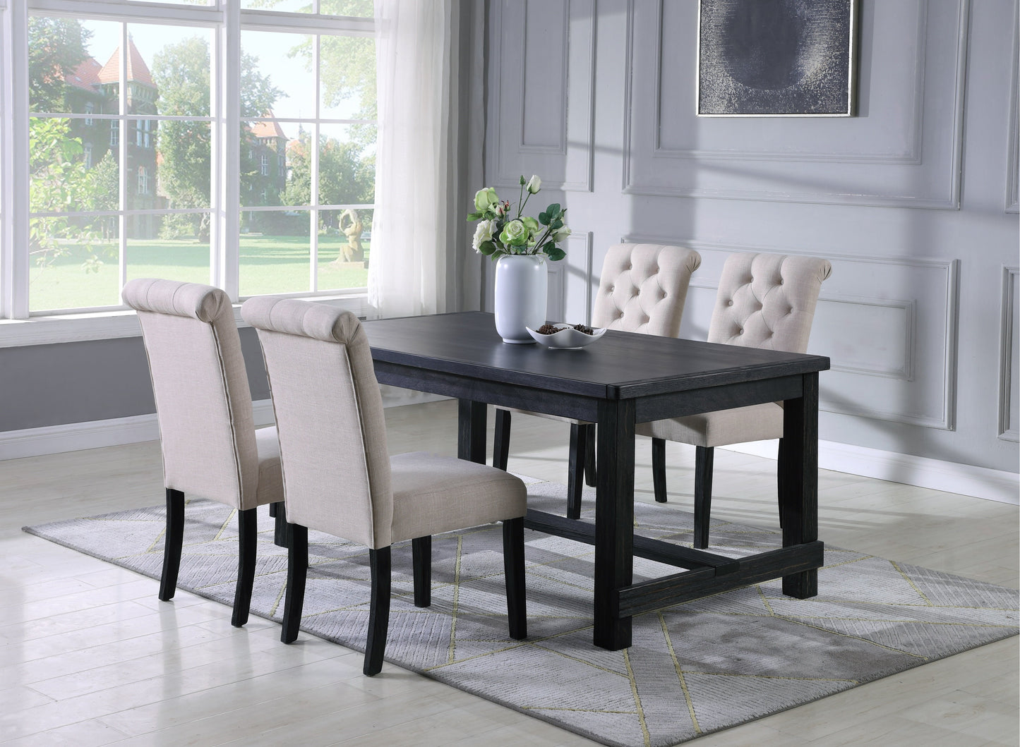 Leviton Antique Black Finished Wood Dining Set, Table with Four Chair, Tan